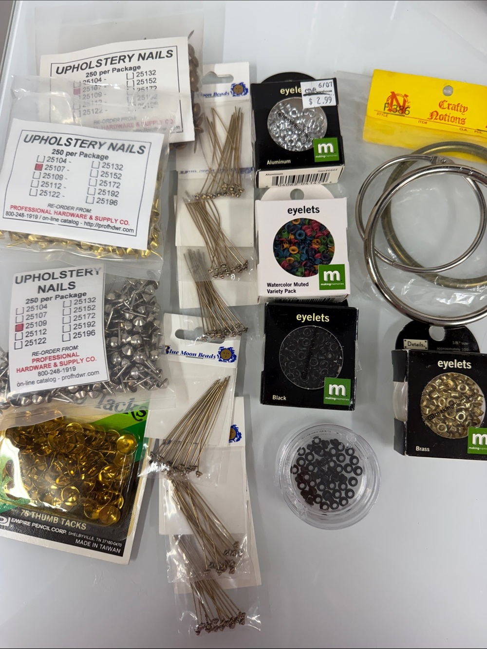 Craft Hardware Assortment Gold, Silver, Brass, Black eyelets upholstery nails
